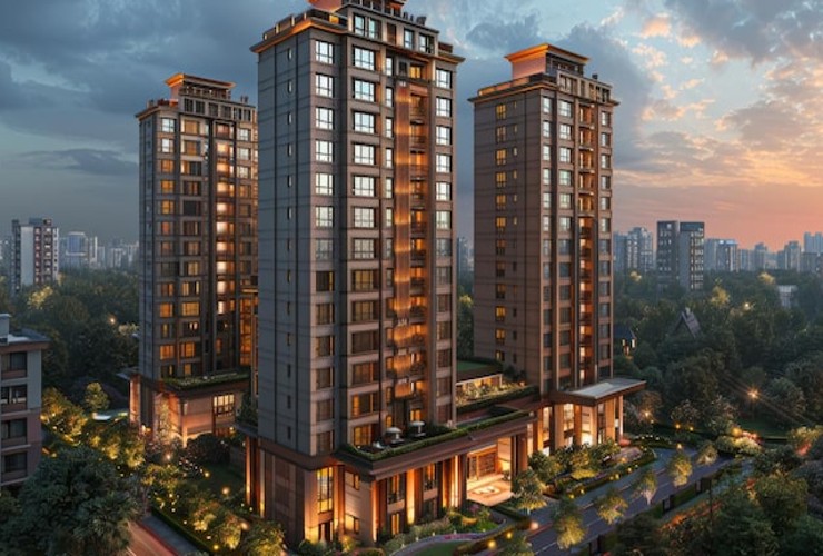 Shriram Properties apartment towers at dusk, representative rendering