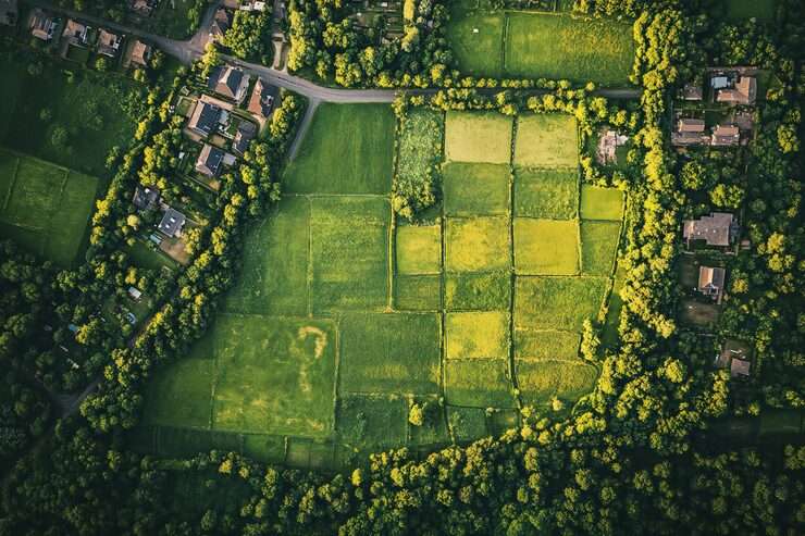 Aerial view of a Shriram plotted development at sunset, representative rendering