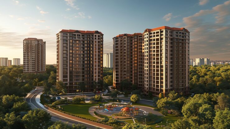 Shriram integrated township rendering with towers and landscaped open space